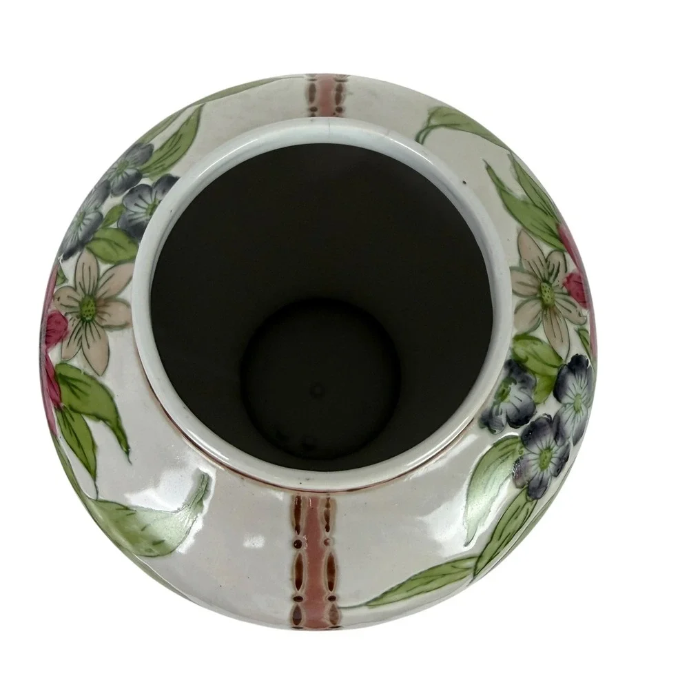 Hand Painted Floral Porcelain Ginger Jar with Lid White Pink Green 12 Inch
